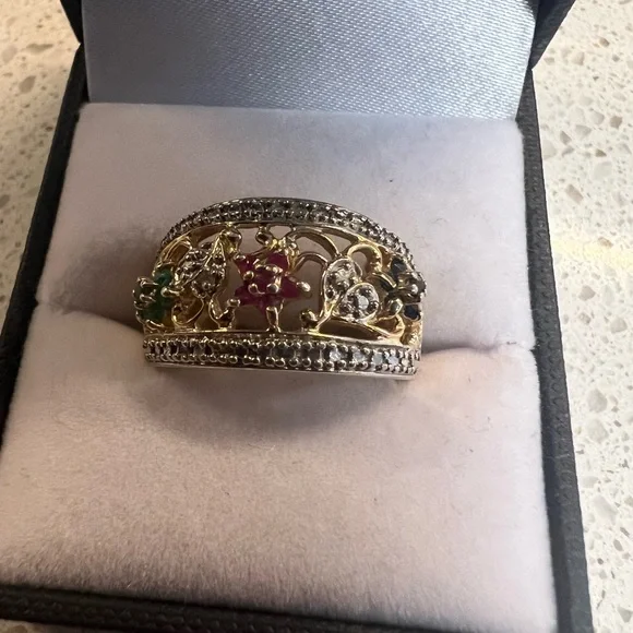 Gold Over Sterling Silver Genuine Emerald, Sapphire & Ruby Wide Band Ring - Picture 2 of 5